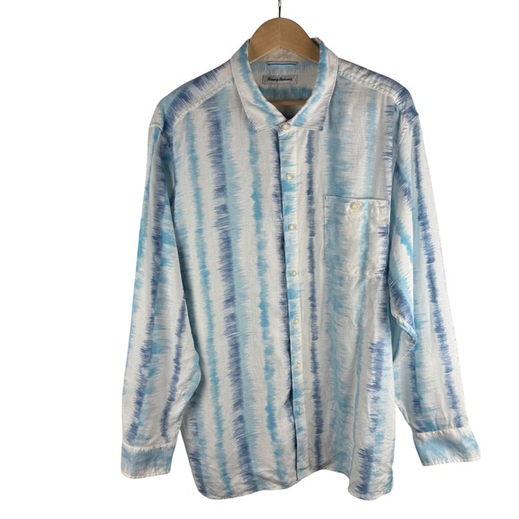 Tommy Bahama Men XXL Linen Long Sleeve Button Up Shirt Blue Stripe Contrast Cuff - Picture 2 of 10